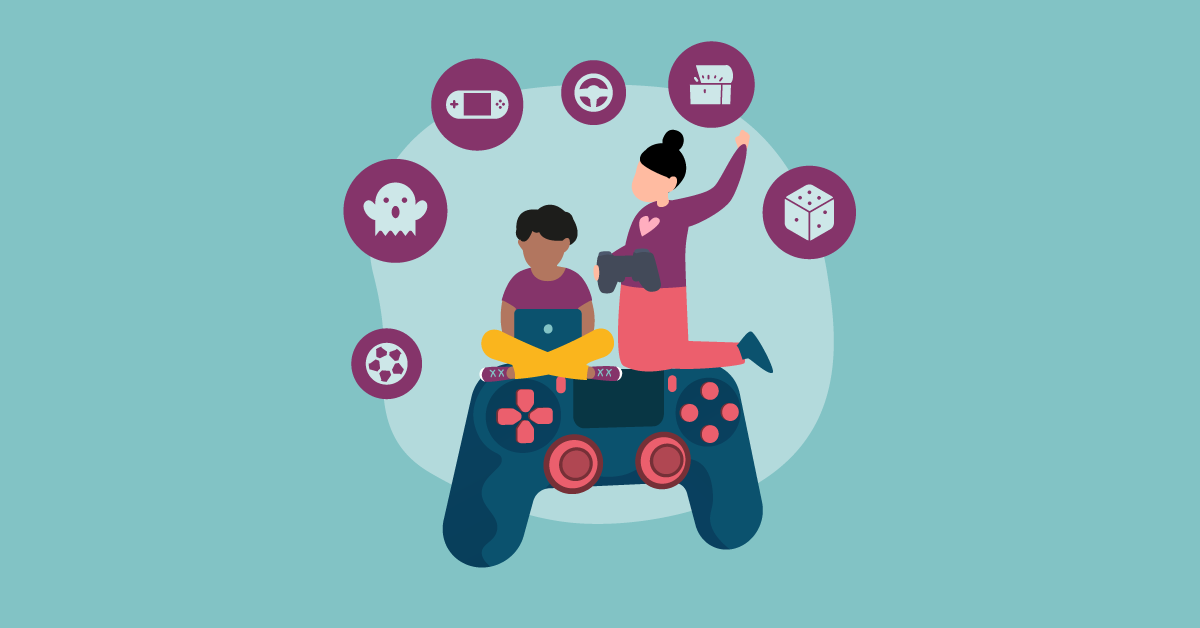 Gruppe von Menschen beim Videospielen, umgeben von Gaming-Icons wie Controller und Würfel.