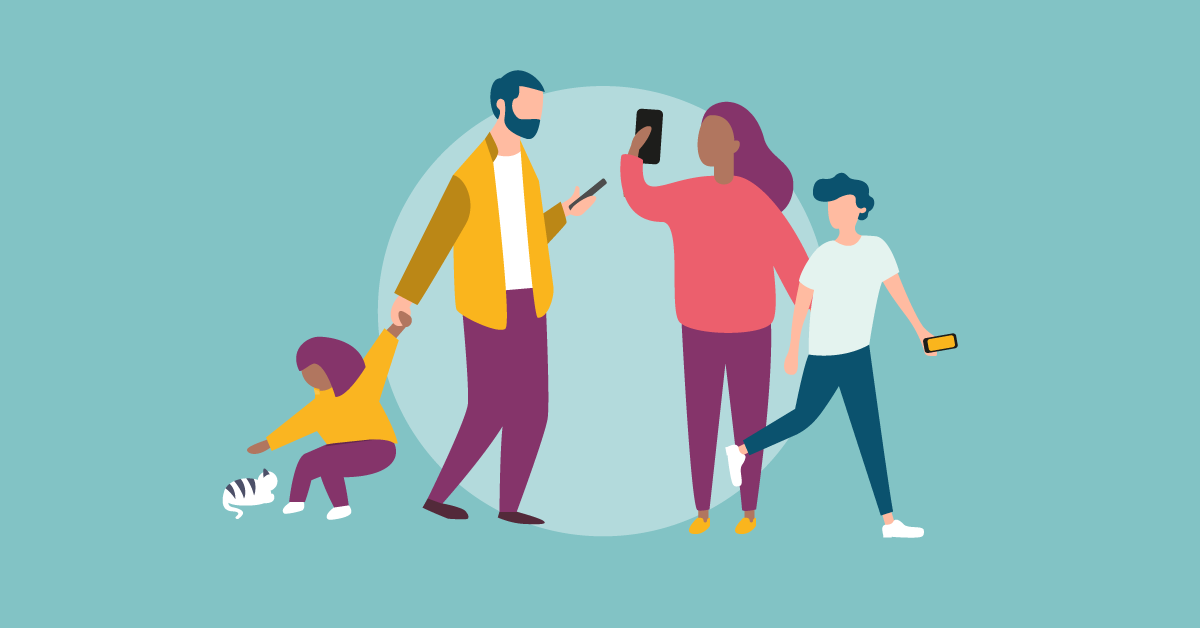 Gruppe von Menschen mit Kind, Smartphone und in Bewegung.